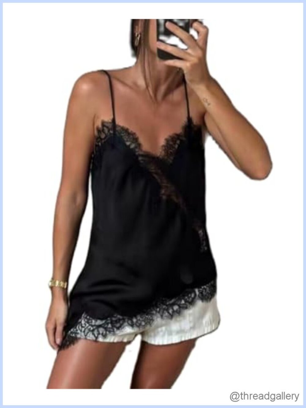 Satin Lace Trim V Neck Spaghetti Strap Cami Top Y2K Tank